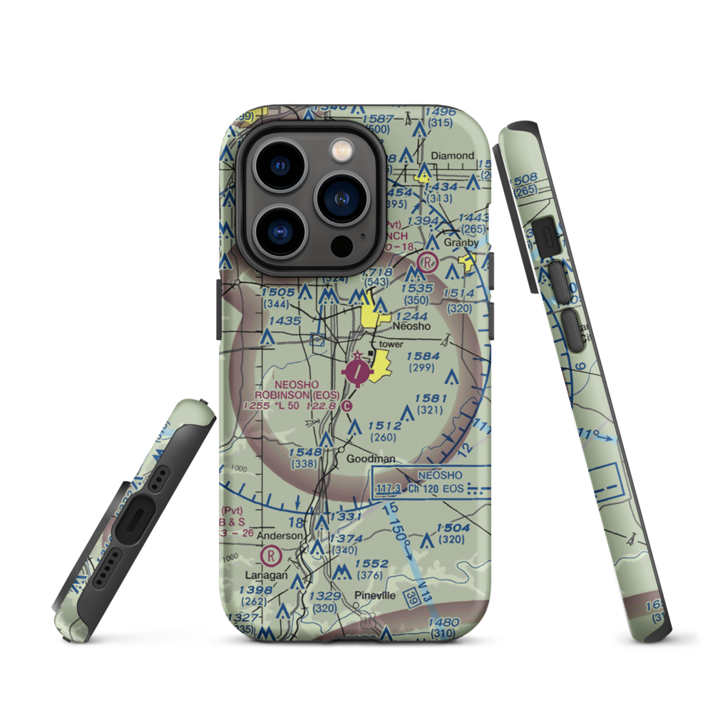 Neosho Hugh Robinson Airport (EOS) VFR Sectional  Tough iPhone Case iPhone 14 Pro model shown
