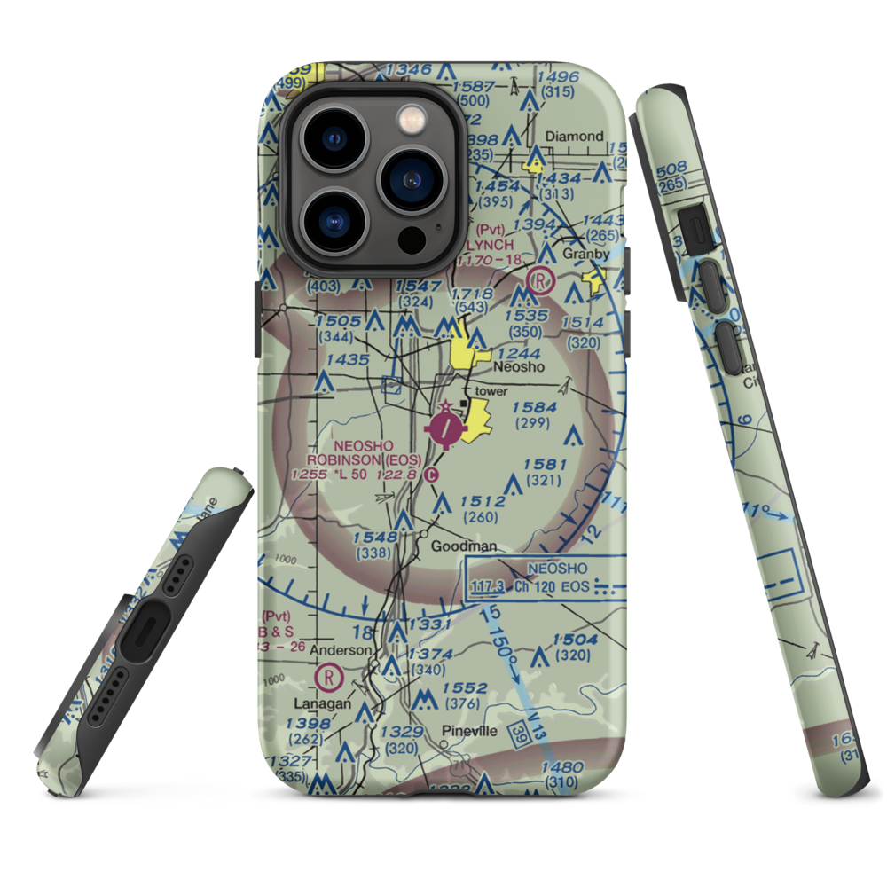 Neosho Hugh Robinson Airport (EOS) VFR Sectional  Tough iPhone Case iPhone 14 Pro Max model shown