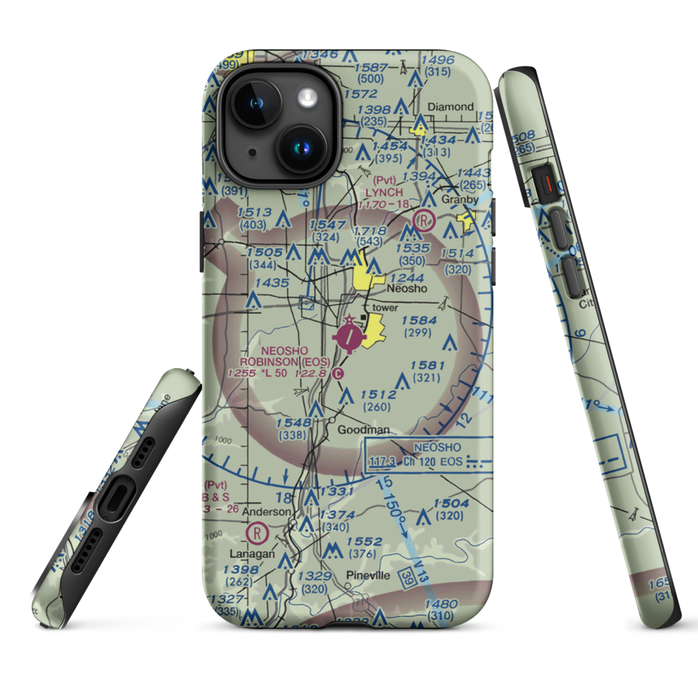 Neosho Hugh Robinson Airport (EOS) VFR Sectional  Tough iPhone Case iPhone 15 Plus model shown
