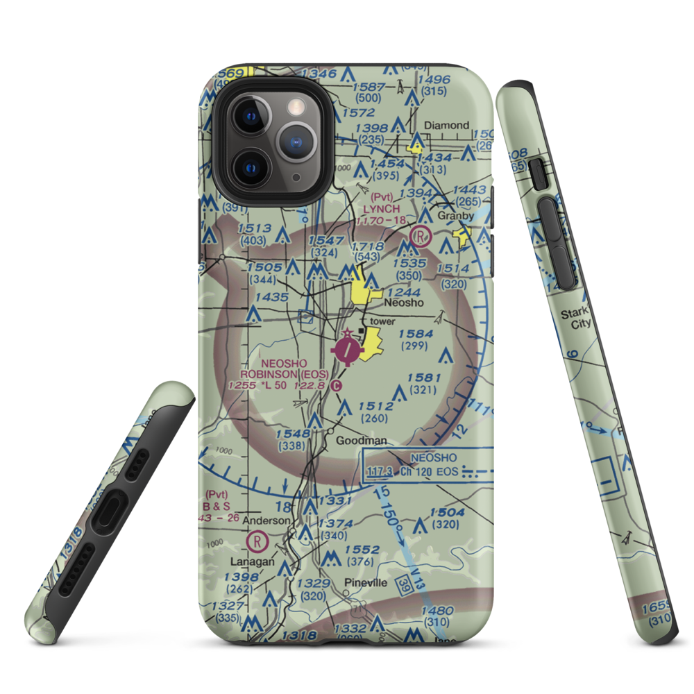 Neosho Hugh Robinson Airport (EOS) VFR Sectional  Tough iPhone Case iPhone 11 Pro Max model shown