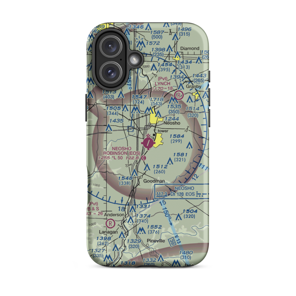 Neosho Hugh Robinson Airport (EOS) VFR Sectional  Tough iPhone Case iPhone 16 Plus model shown
