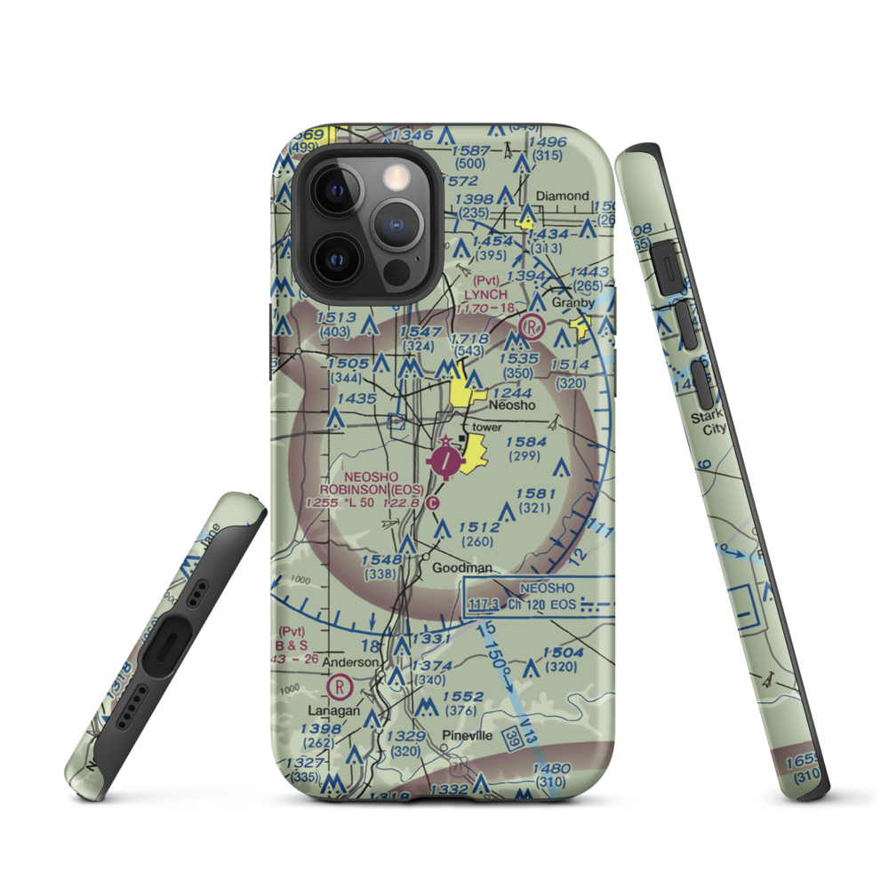 Neosho Hugh Robinson Airport (EOS) VFR Sectional  Tough iPhone Case iPhone 12 Pro model shown