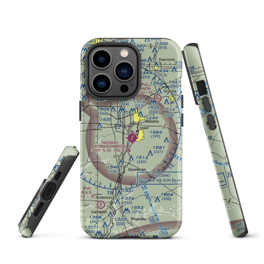 Neosho Hugh Robinson Airport (EOS) VFR Sectional  Tough iPhone Case iPhone 13 Pro model shown