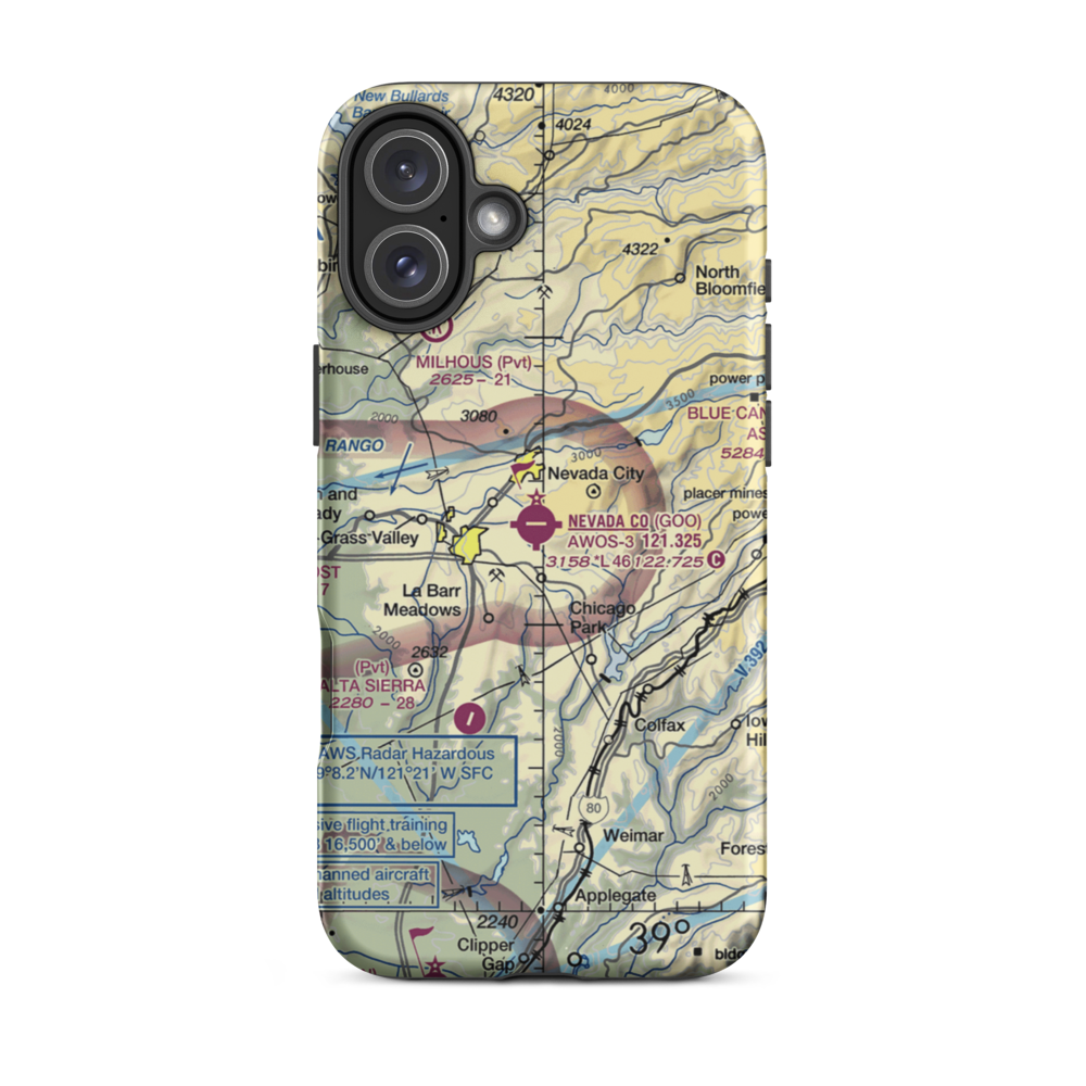 Nevada County Airport (GOO) VFR Sectional  Tough iPhone Case iPhone 16 Plus model shown