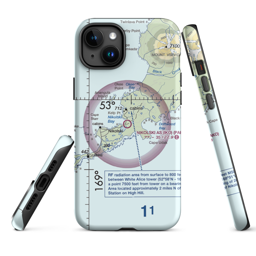 Nikolski Air Station (IKO) VFR Sectional  Tough iPhone Case iPhone 15 Plus model shown