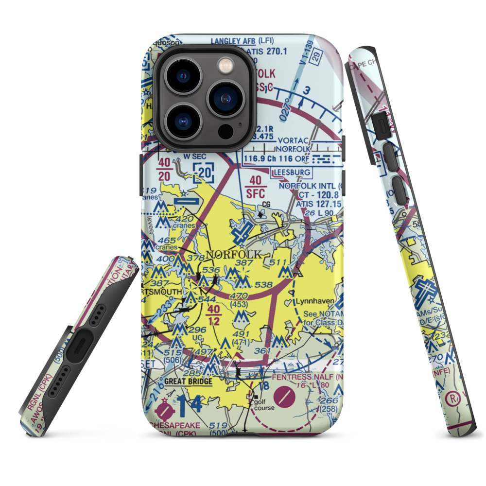 Norfolk International Airport (ORF) VFR Sectional  Tough iPhone Case iPhone 14 Pro Max model shown