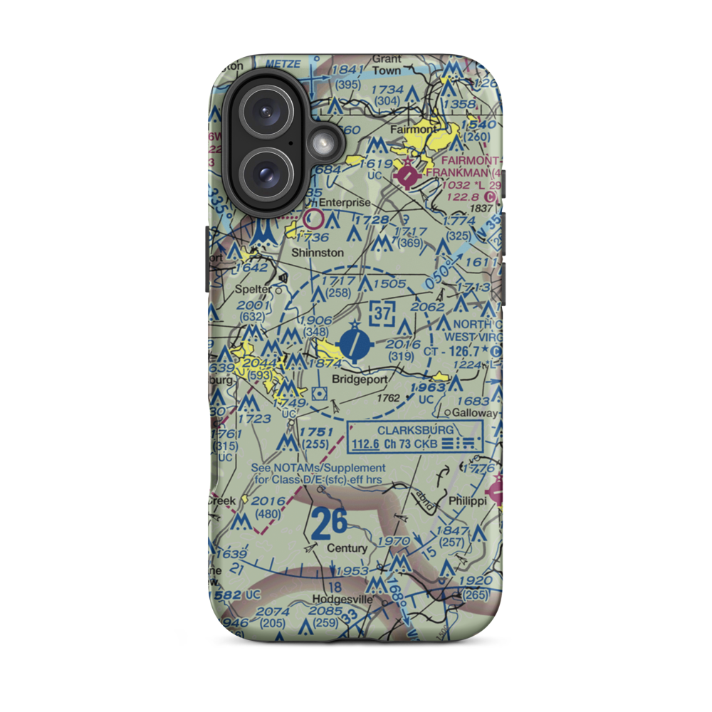 North Central West Virginia Airport (CKB) VFR Sectional  Tough iPhone Case iPhone 16 Plus model shown