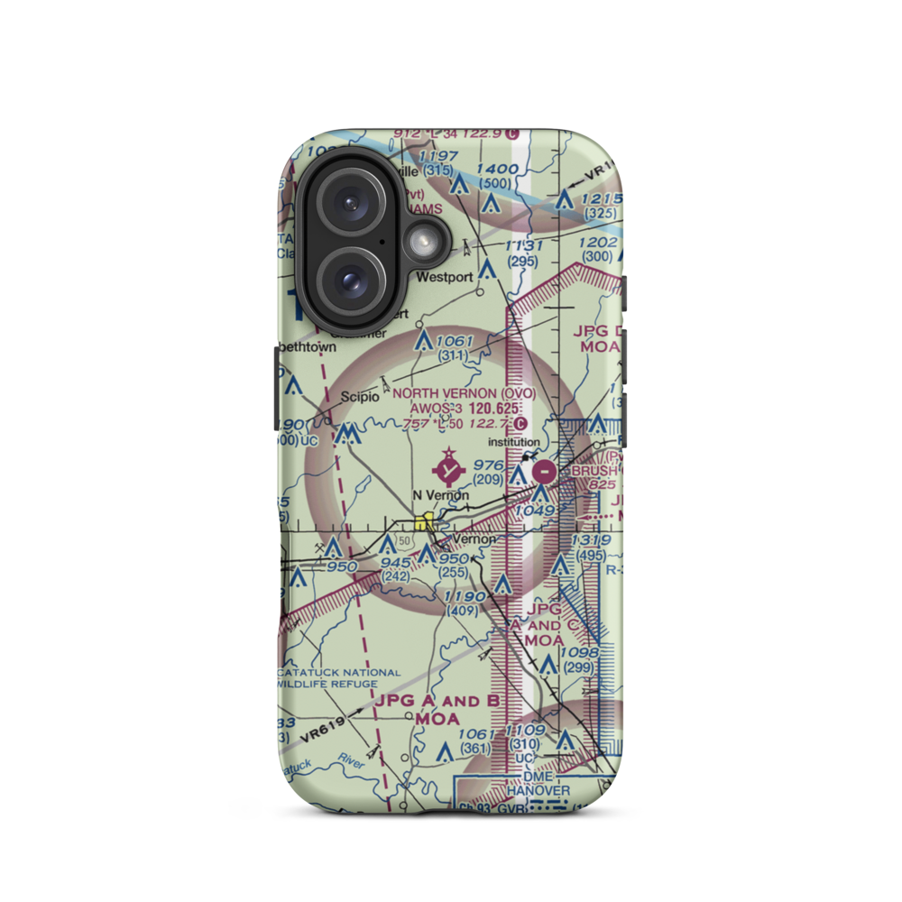 North Vernon Airport (OVO) VFR Sectional  Tough iPhone Case iPhone 16 model shown