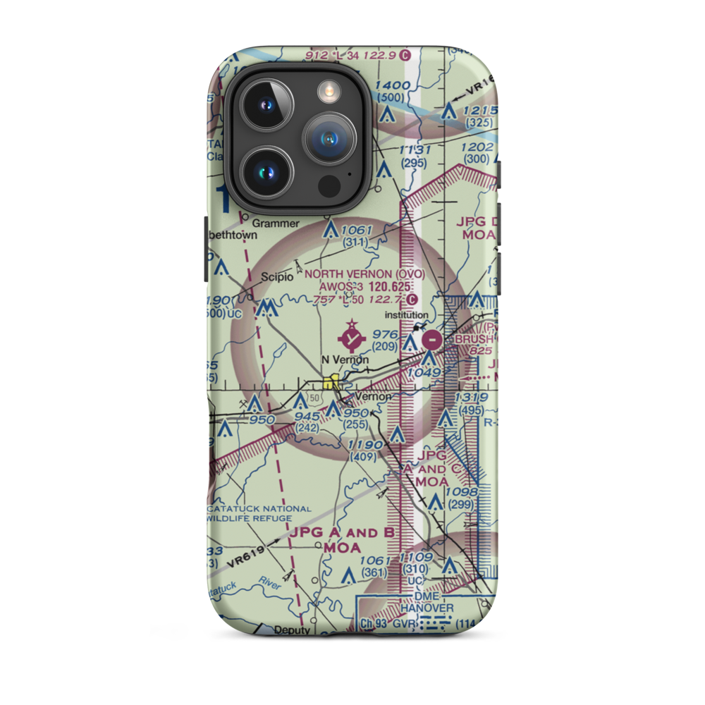 North Vernon Airport (OVO) VFR Sectional  Tough iPhone Case iPhone 16 Pro Max model shown