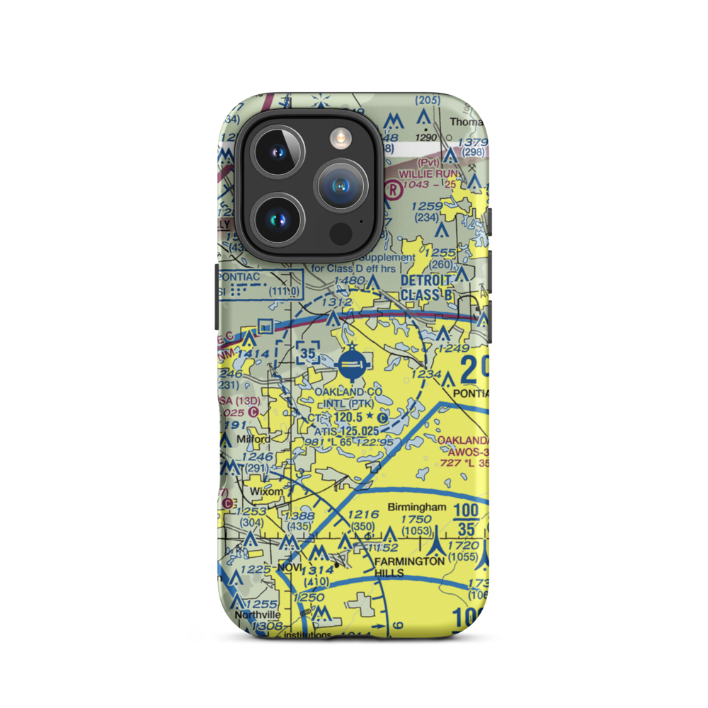 Oakland County International Airport (PTK) VFR Sectional  Tough iPhone Case iPhone 16 Pro model shown