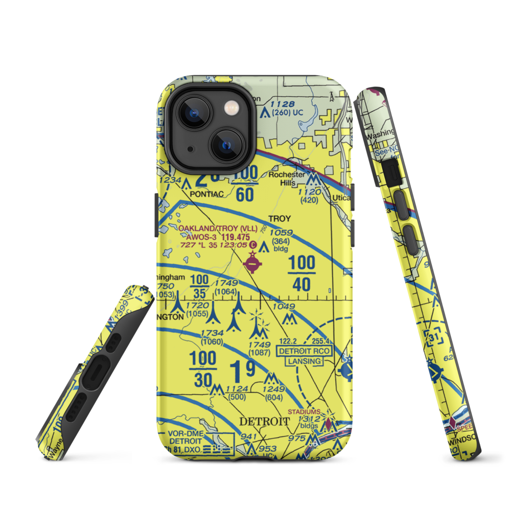 Oakland Troy Airport (VLL) VFR Sectional  Tough iPhone Case iPhone 14 model shown