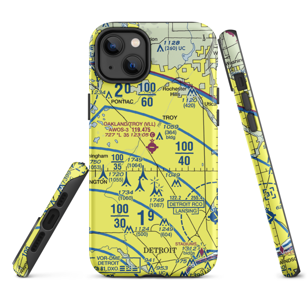 Oakland Troy Airport (VLL) VFR Sectional  Tough iPhone Case iPhone 14 Plus model shown