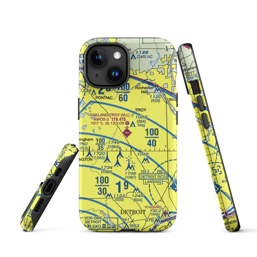 Oakland Troy Airport (VLL) VFR Sectional  Tough iPhone Case iPhone 15 model shown