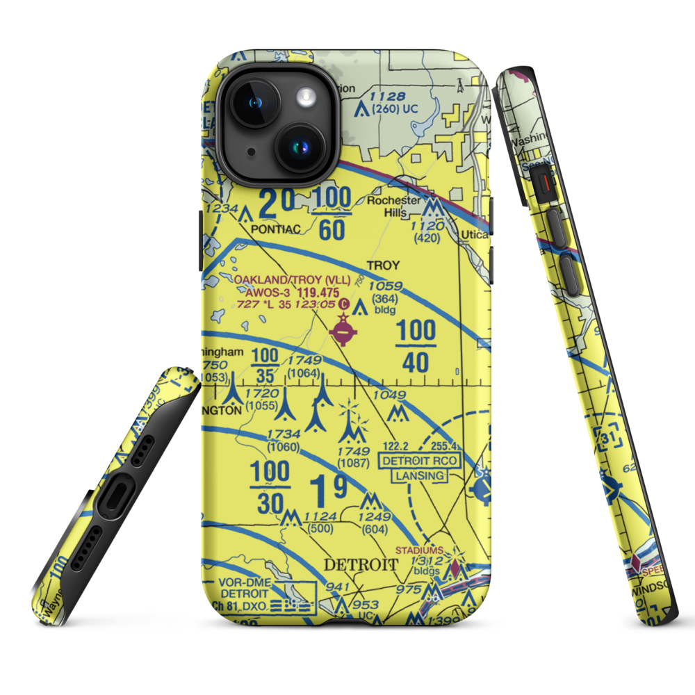 Oakland Troy Airport (VLL) VFR Sectional  Tough iPhone Case iPhone 15 Plus model shown