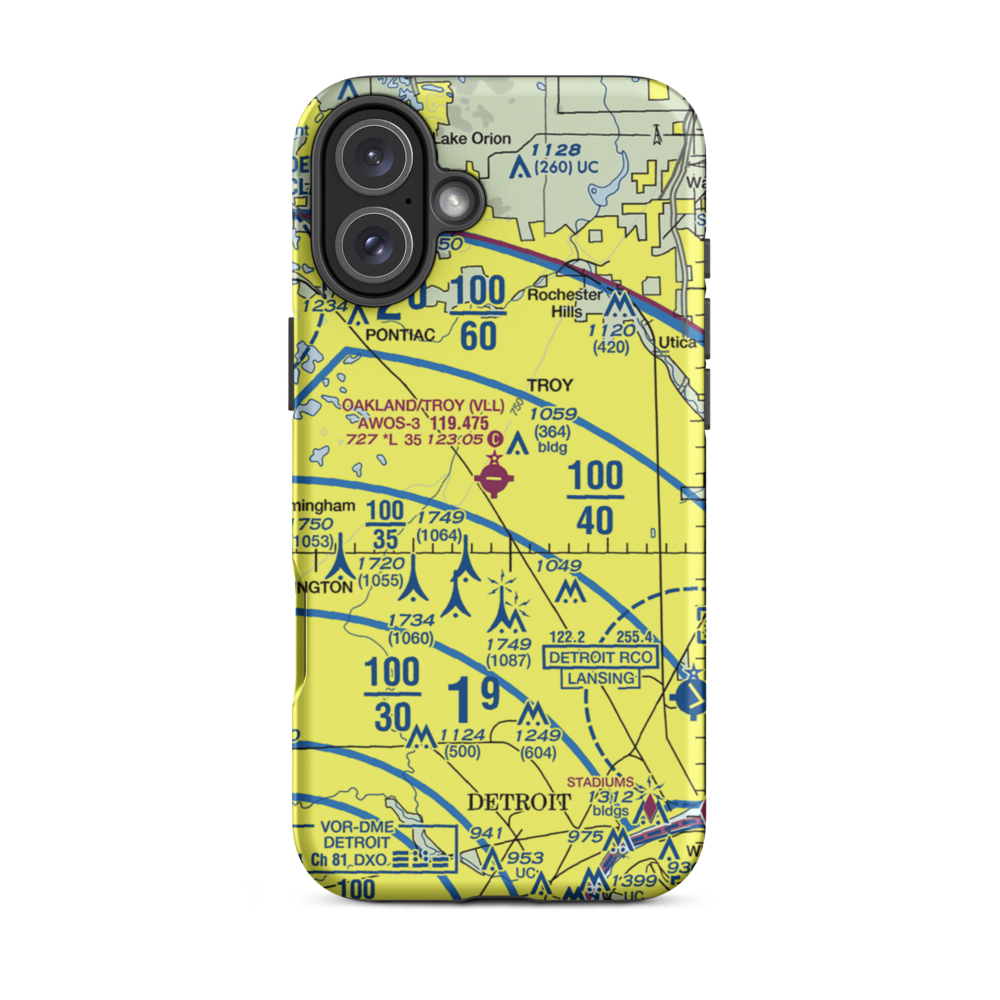 Oakland Troy Airport (VLL) VFR Sectional  Tough iPhone Case iPhone 16 Plus model shown