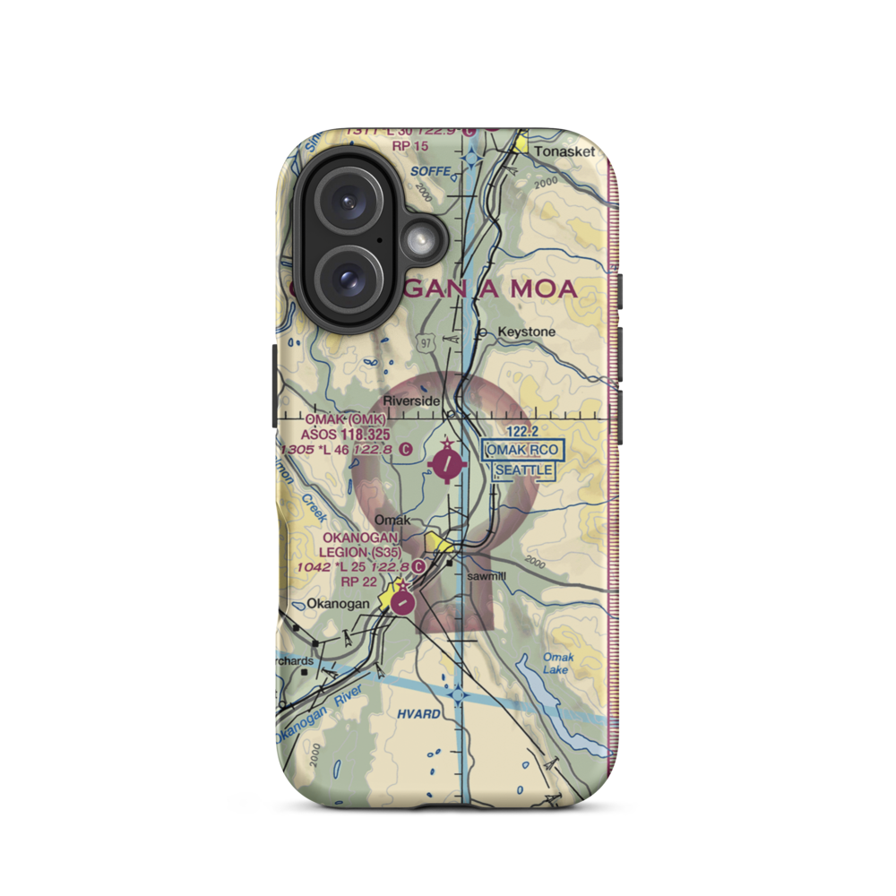 Omak Airport (OMK) VFR Sectional  Tough iPhone Case iPhone 16 model shown