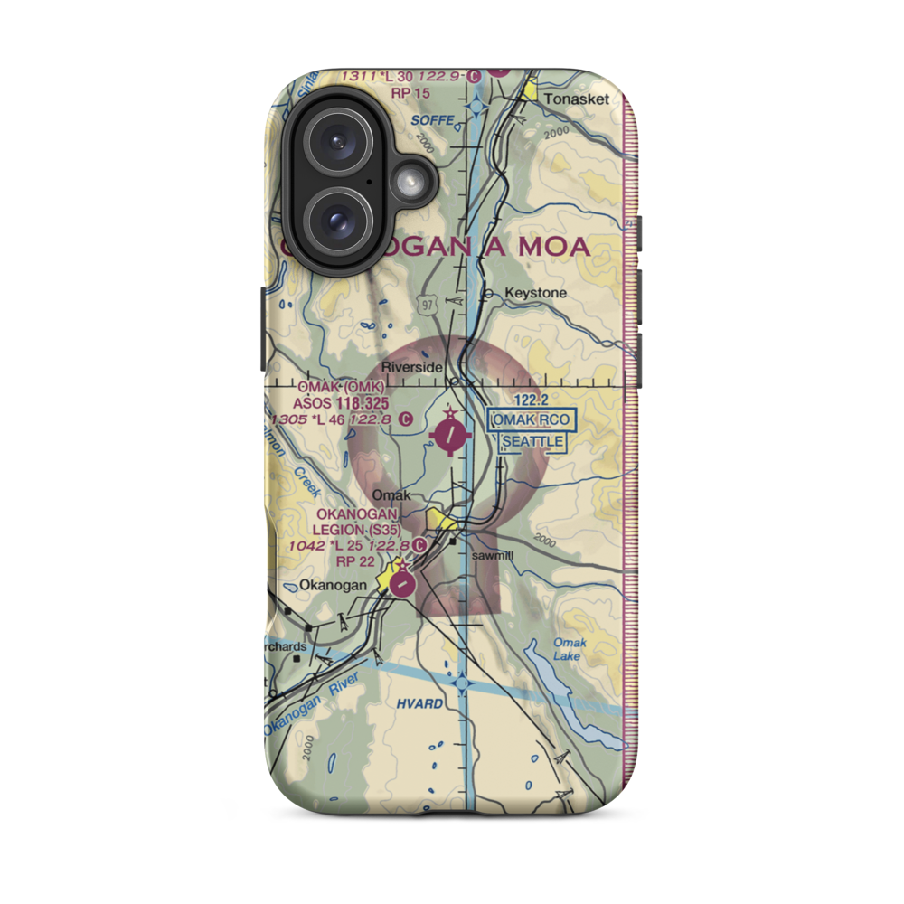 Omak Airport (OMK) VFR Sectional  Tough iPhone Case iPhone 16 Plus model shown