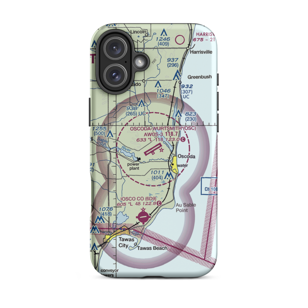 Oscoda Wurtsmith Airport (OSC) VFR Sectional  Tough iPhone Case iPhone 16 Plus model shown