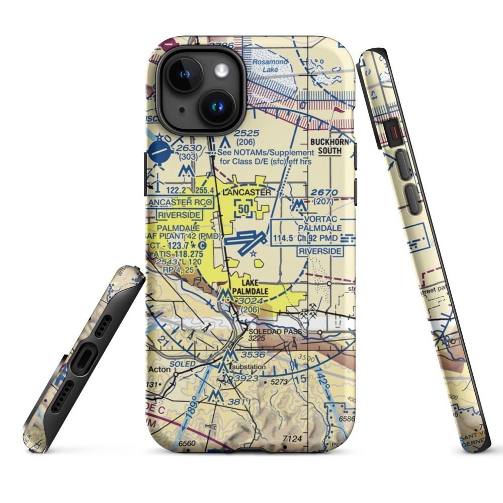 Palmdale Regional/USAF Plant 42 Airport (PMD) VFR Sectional  Tough iPhone Case iPhone 15 Plus model shown