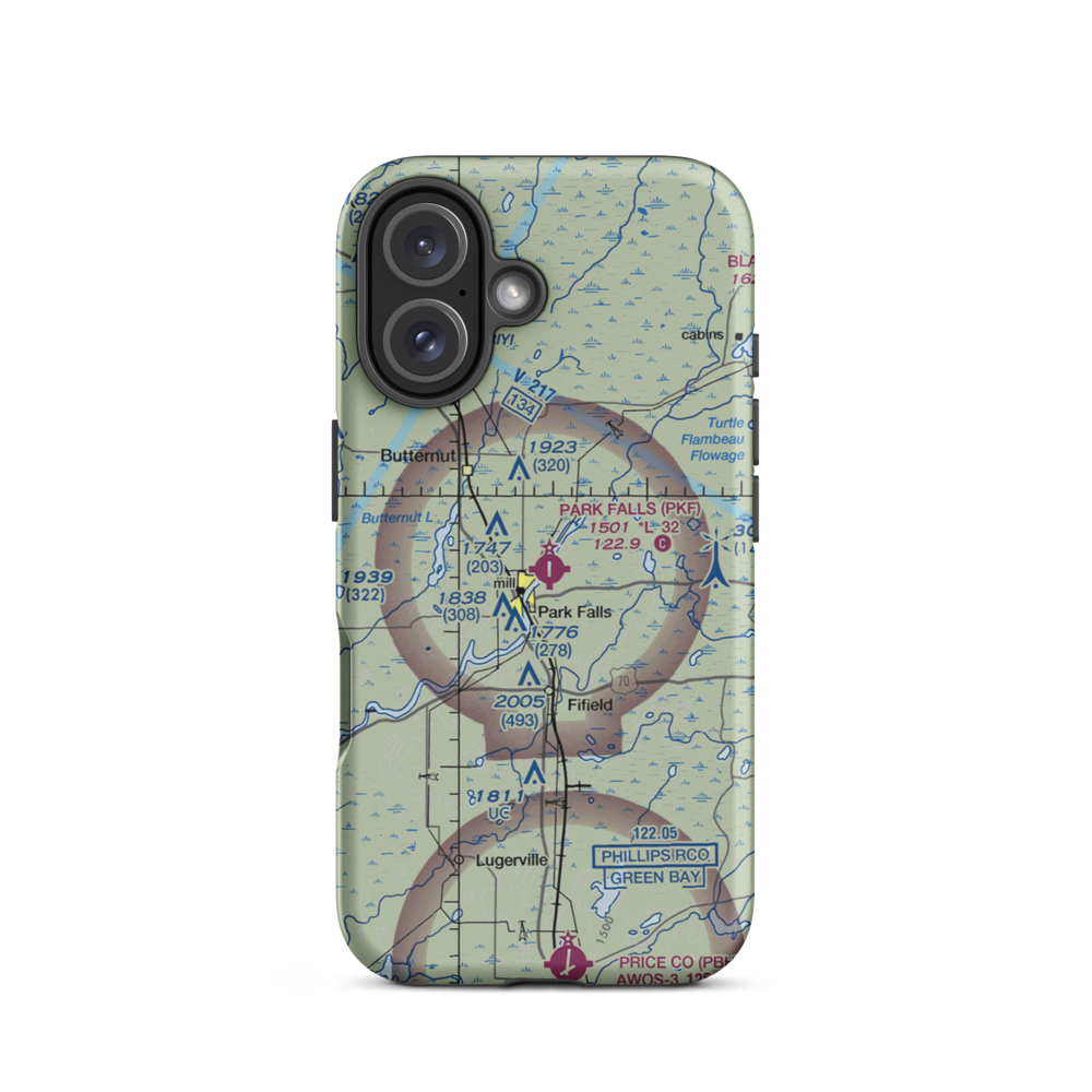Park Falls Municipal Airport (PKF) VFR Sectional  Tough iPhone Case iPhone 16 model shown