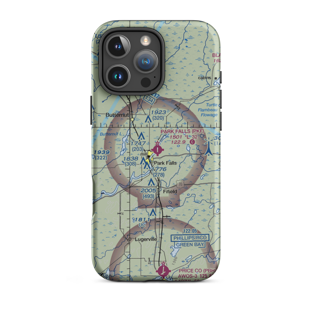 Park Falls Municipal Airport (PKF) VFR Sectional  Tough iPhone Case iPhone 16 Pro Max model shown