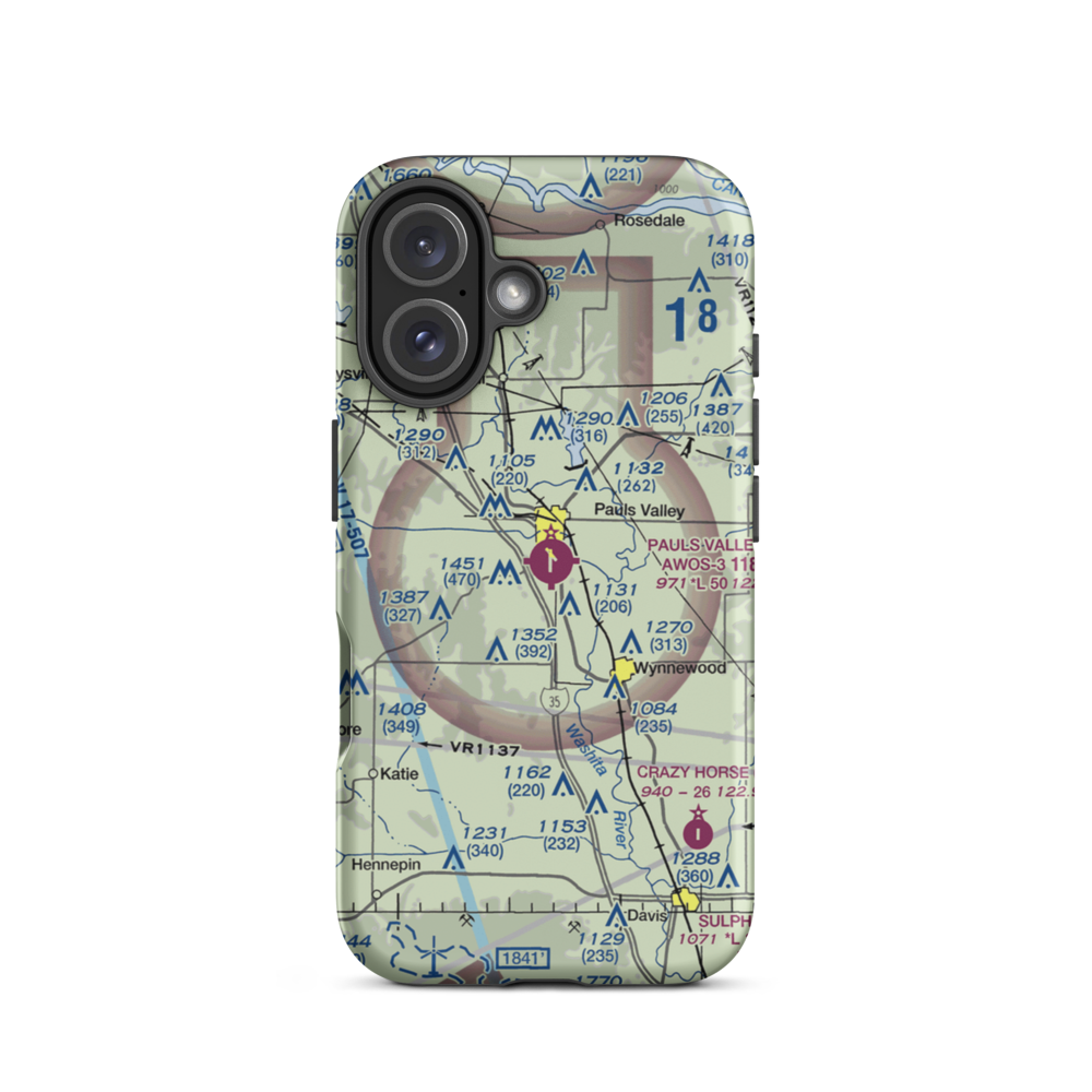 Pauls Valley Municipal Airport (PVJ) VFR Sectional  Tough iPhone Case iPhone 16 model shown