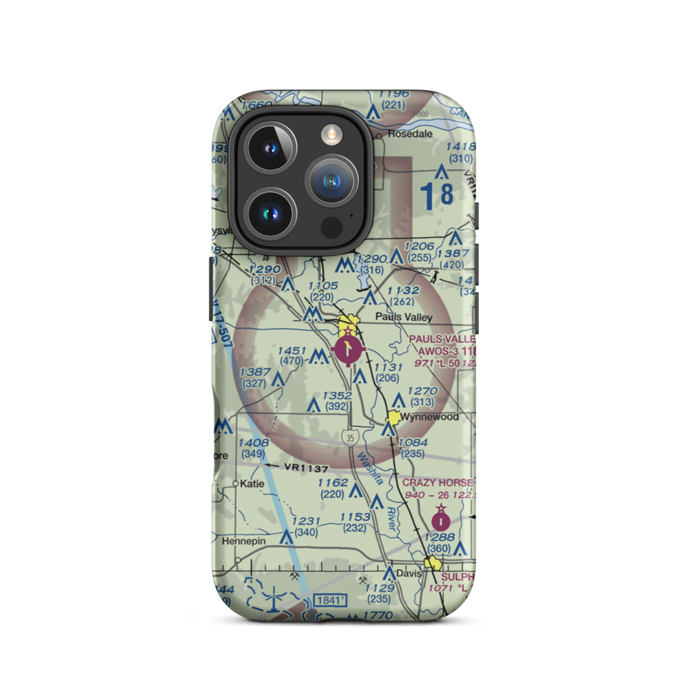 Pauls Valley Municipal Airport (PVJ) VFR Sectional  Tough iPhone Case iPhone 16 Pro model shown
