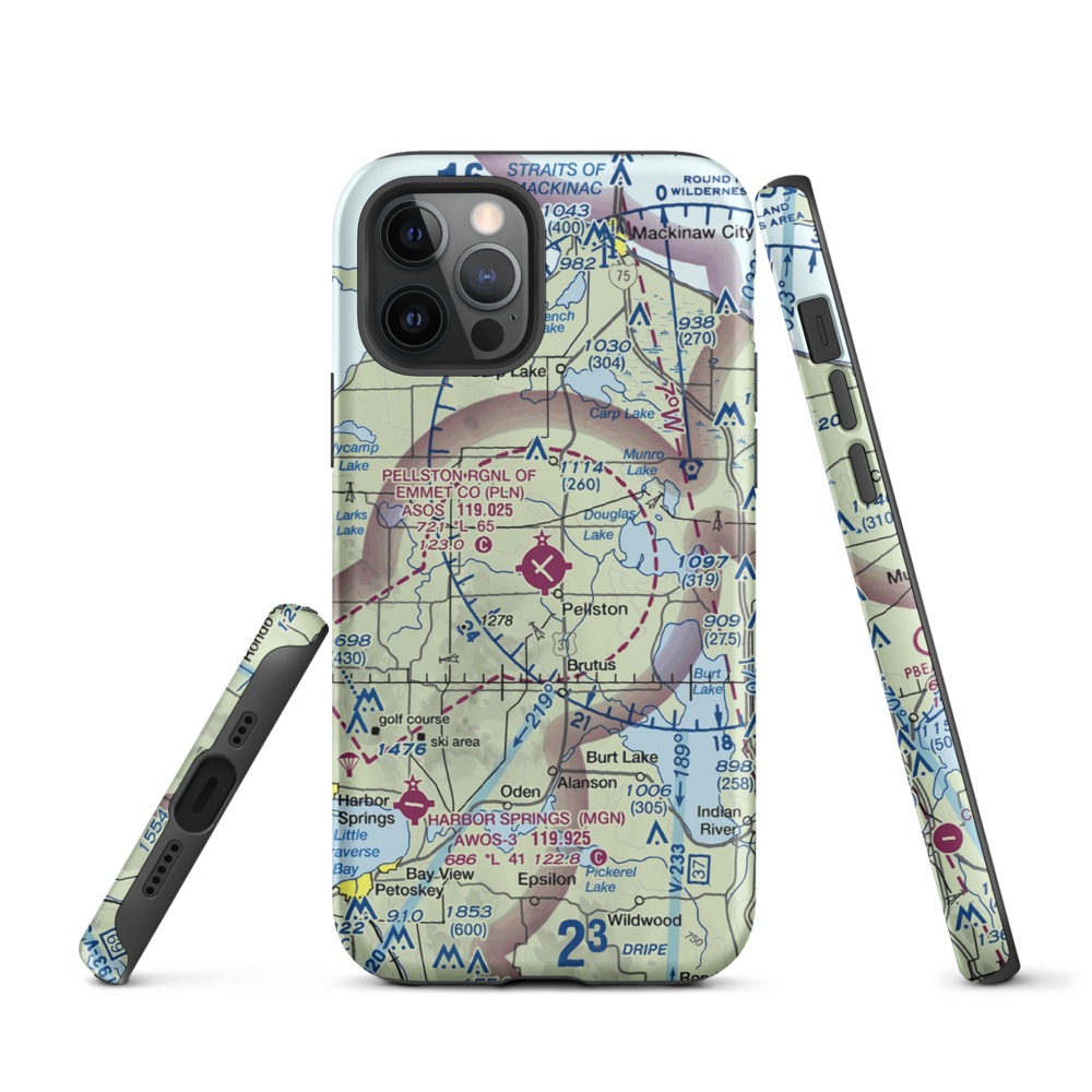 Pellston Regional Airport of Emmet County Airport (PLN) VFR Sectional  Tough iPhone Case iPhone 12 Pro model shown
