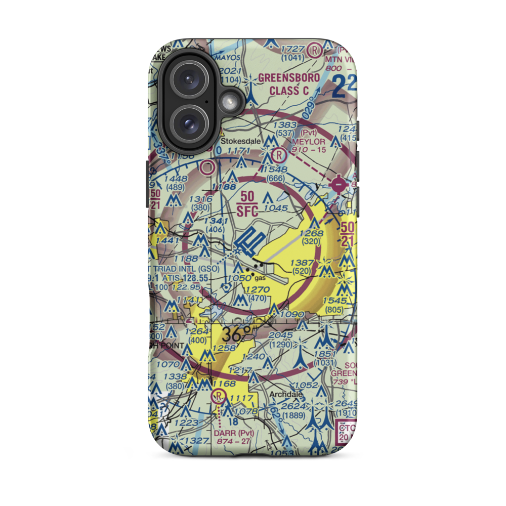 Piedmont Triad International Airport (GSO) VFR Sectional  Tough iPhone Case iPhone 16 Plus model shown