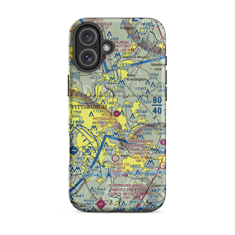 Pittsburgh-Monroeville Airport (15PA) VFR Sectional  Tough iPhone Case iPhone 16 Plus model shown