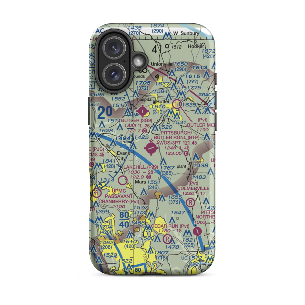Pittsburgh/Butler Regional Airport (BTP) VFR Sectional  Tough iPhone Case iPhone 16 Plus model shown