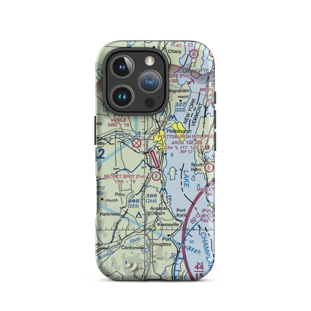 Plattsburgh International Airport (PBG) VFR Sectional  Tough iPhone Case iPhone 16 Pro model shown