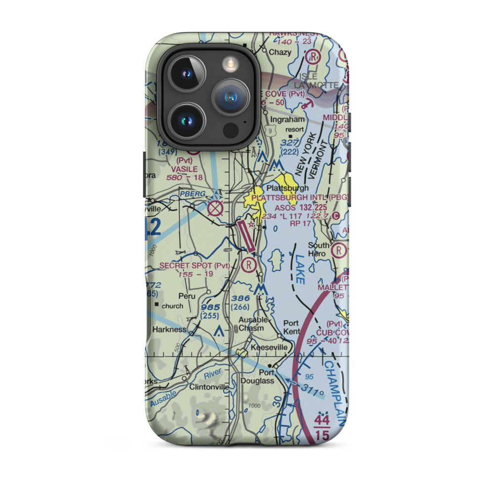Plattsburgh International Airport (PBG) VFR Sectional  Tough iPhone Case iPhone 16 Pro Max model shown