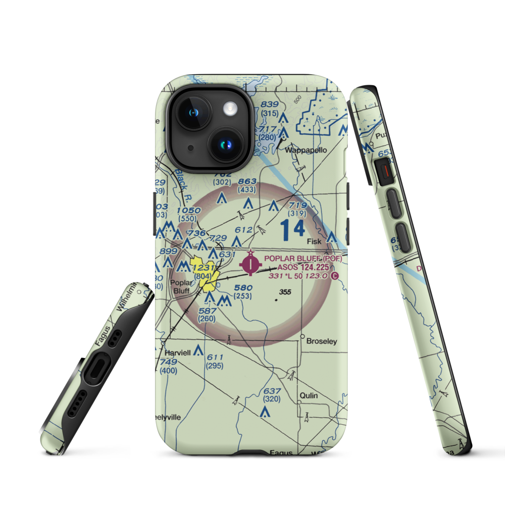 Poplar Bluff Municipal Airport (POF) VFR Sectional  Tough iPhone Case iPhone 15 model shown