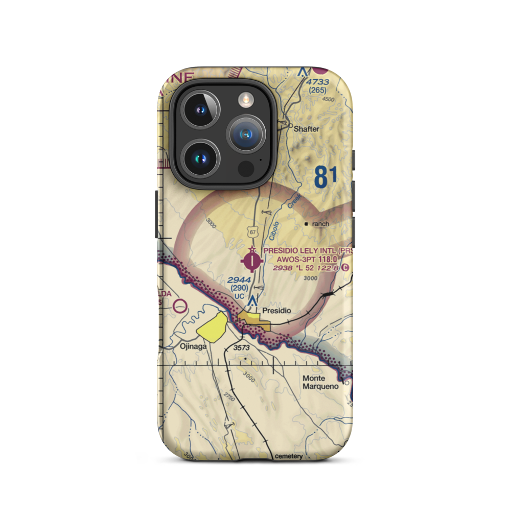 Presidio Lely International Airport (PRS) VFR Sectional  Tough iPhone Case iPhone 16 Pro model shown