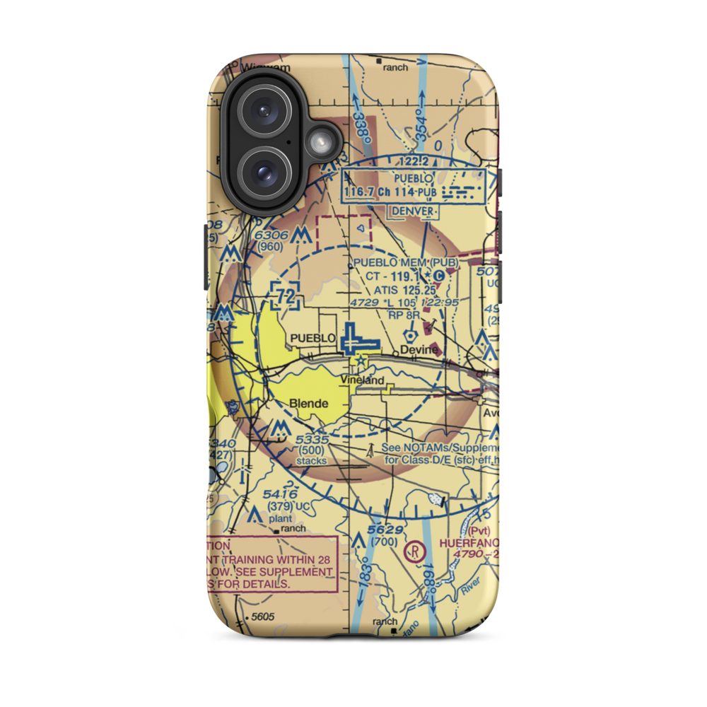 Pueblo Memorial Airport (PUB) VFR Sectional  Tough iPhone Case iPhone 16 Plus model shown