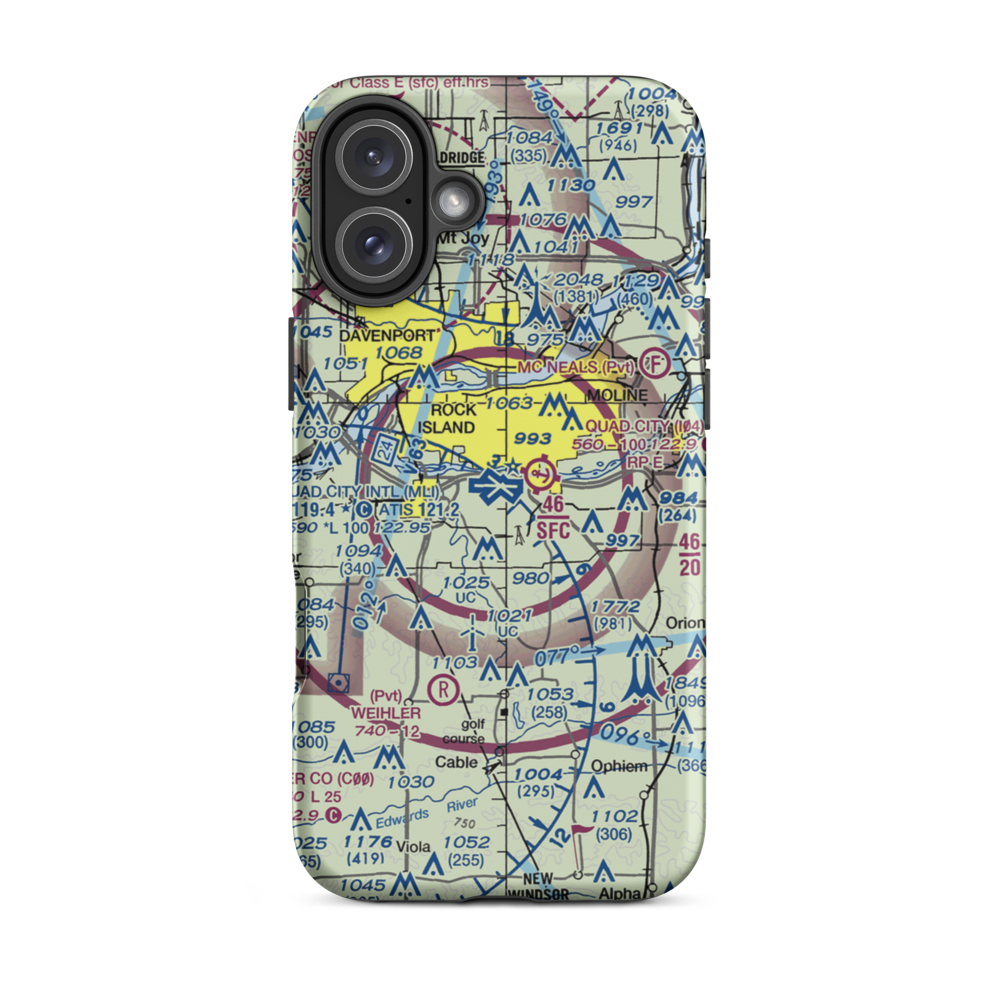Quad City International Airport (MLI) VFR Sectional  Tough iPhone Case iPhone 16 Plus model shown