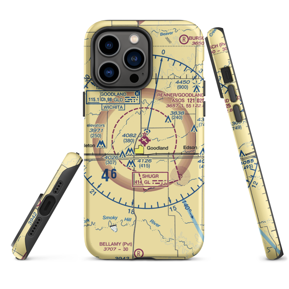 Renner Field-Goodland Municipal Airport (GLD) VFR Sectional  Tough iPhone Case iPhone 14 Pro Max model shown