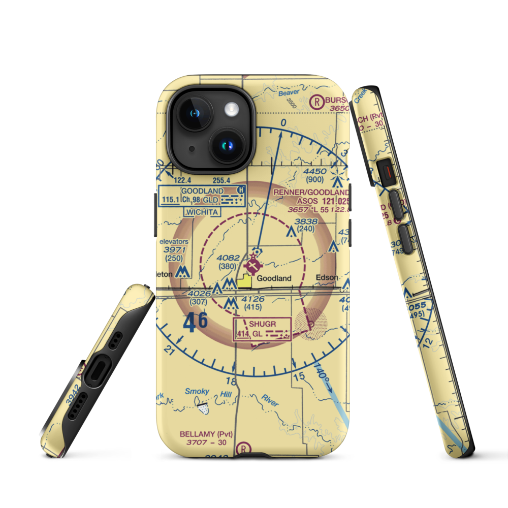 Renner Field-Goodland Municipal Airport (GLD) VFR Sectional  Tough iPhone Case iPhone 15 model shown