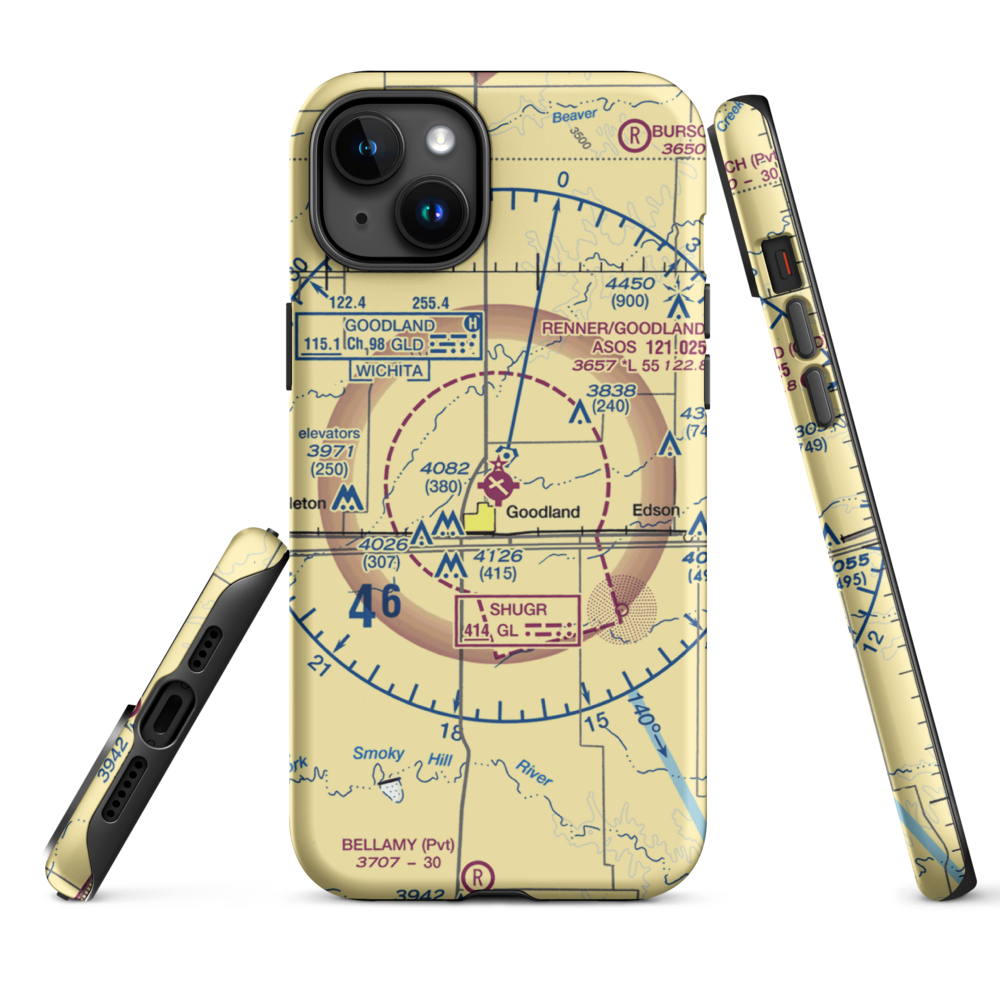 Renner Field-Goodland Municipal Airport (GLD) VFR Sectional  Tough iPhone Case iPhone 15 Plus model shown