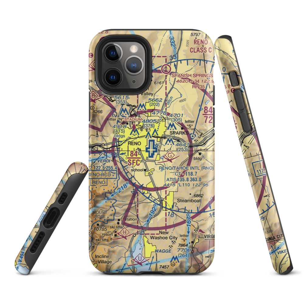 Reno Tahoe International Airport (RNO) VFR Sectional  Tough iPhone Case iPhone 11 Pro model shown