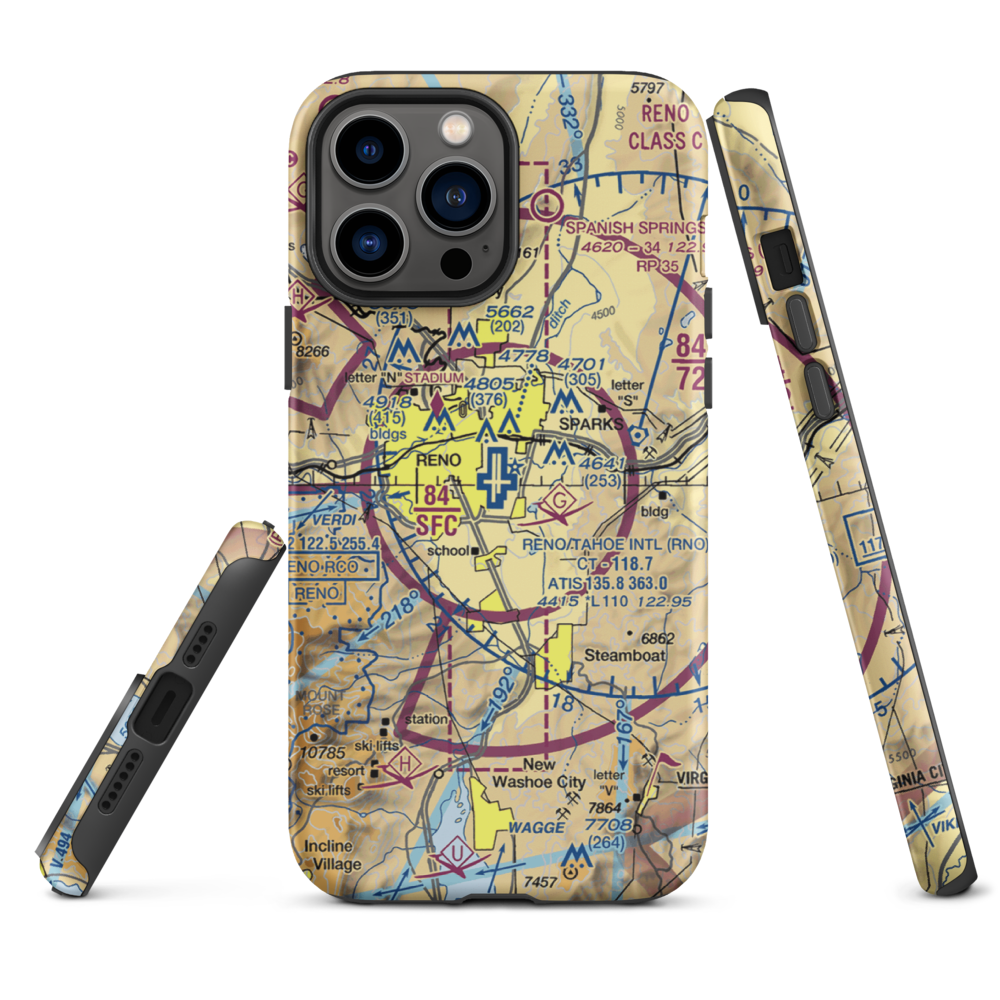 Reno Tahoe International Airport (RNO) VFR Sectional  Tough iPhone Case iPhone 13 Pro Max model shown