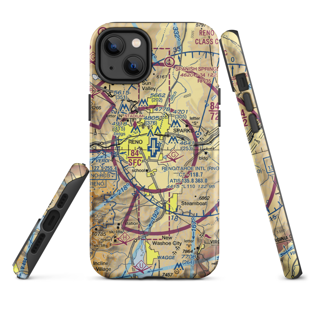 Reno Tahoe International Airport (RNO) VFR Sectional  Tough iPhone Case iPhone 14 Plus model shown