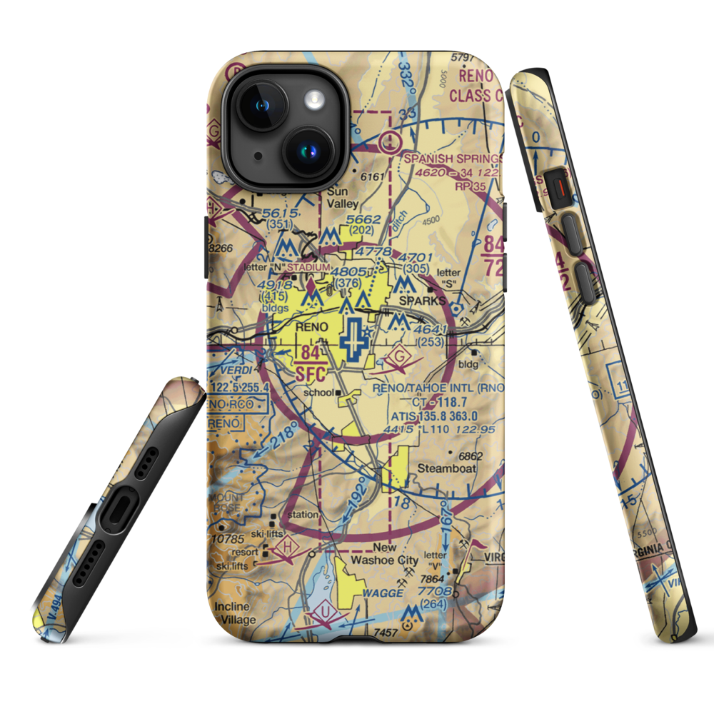 Reno Tahoe International Airport (RNO) VFR Sectional  Tough iPhone Case iPhone 15 Plus model shown
