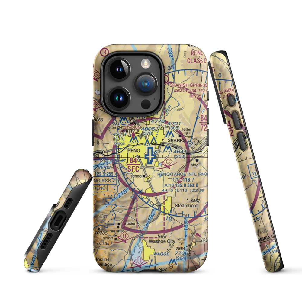 Reno Tahoe International Airport (RNO) VFR Sectional  Tough iPhone Case iPhone 15 Pro model shown