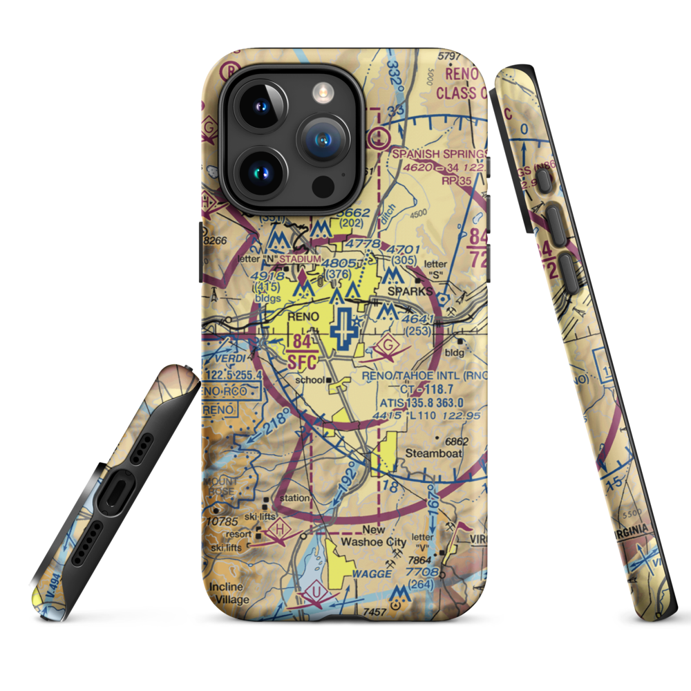 Reno Tahoe International Airport (RNO) VFR Sectional  Tough iPhone Case iPhone 15 Pro Max model shown