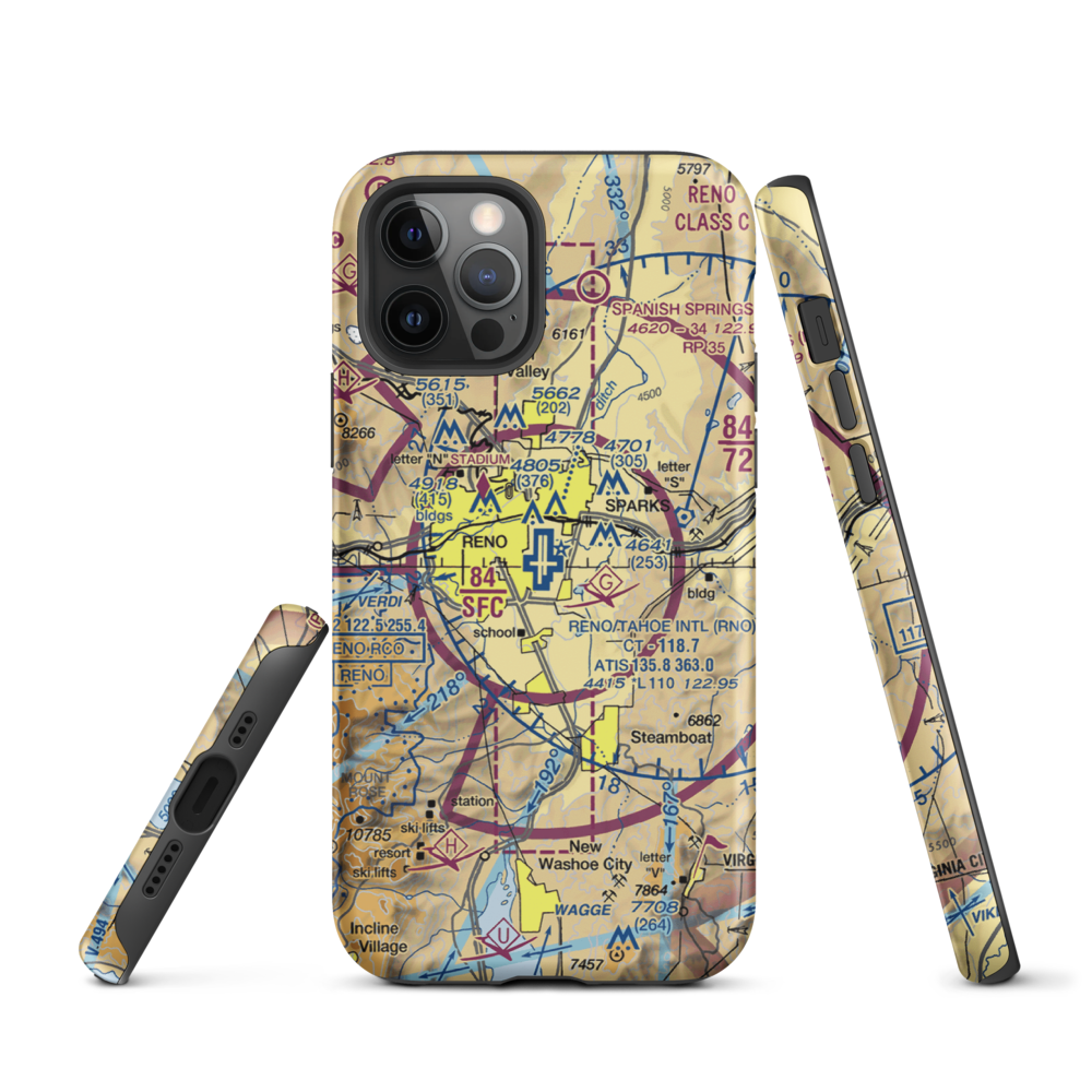 Reno Tahoe International Airport (RNO) VFR Sectional  Tough iPhone Case iPhone 12 Pro model shown
