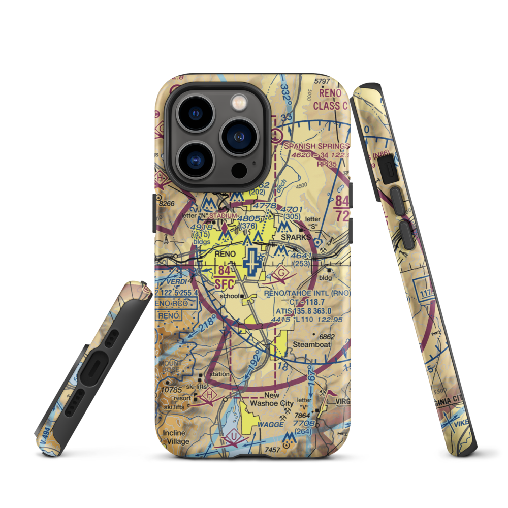 Reno Tahoe International Airport (RNO) VFR Sectional  Tough iPhone Case iPhone 13 Pro model shown