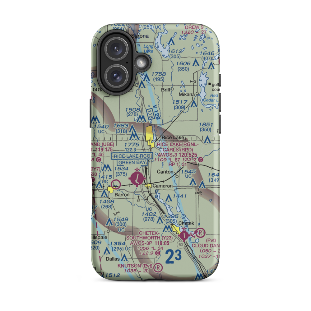 Rice Lake Airport (KRIE) VFR Sectional  Tough iPhone Case iPhone 16 Plus model shown