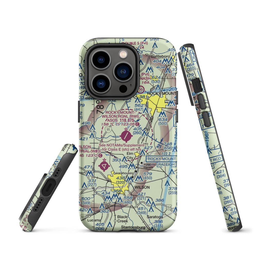 Rocky Mount Wilson Regional Airport (RWI) VFR Sectional  Tough iPhone Case iPhone 14 Pro model shown